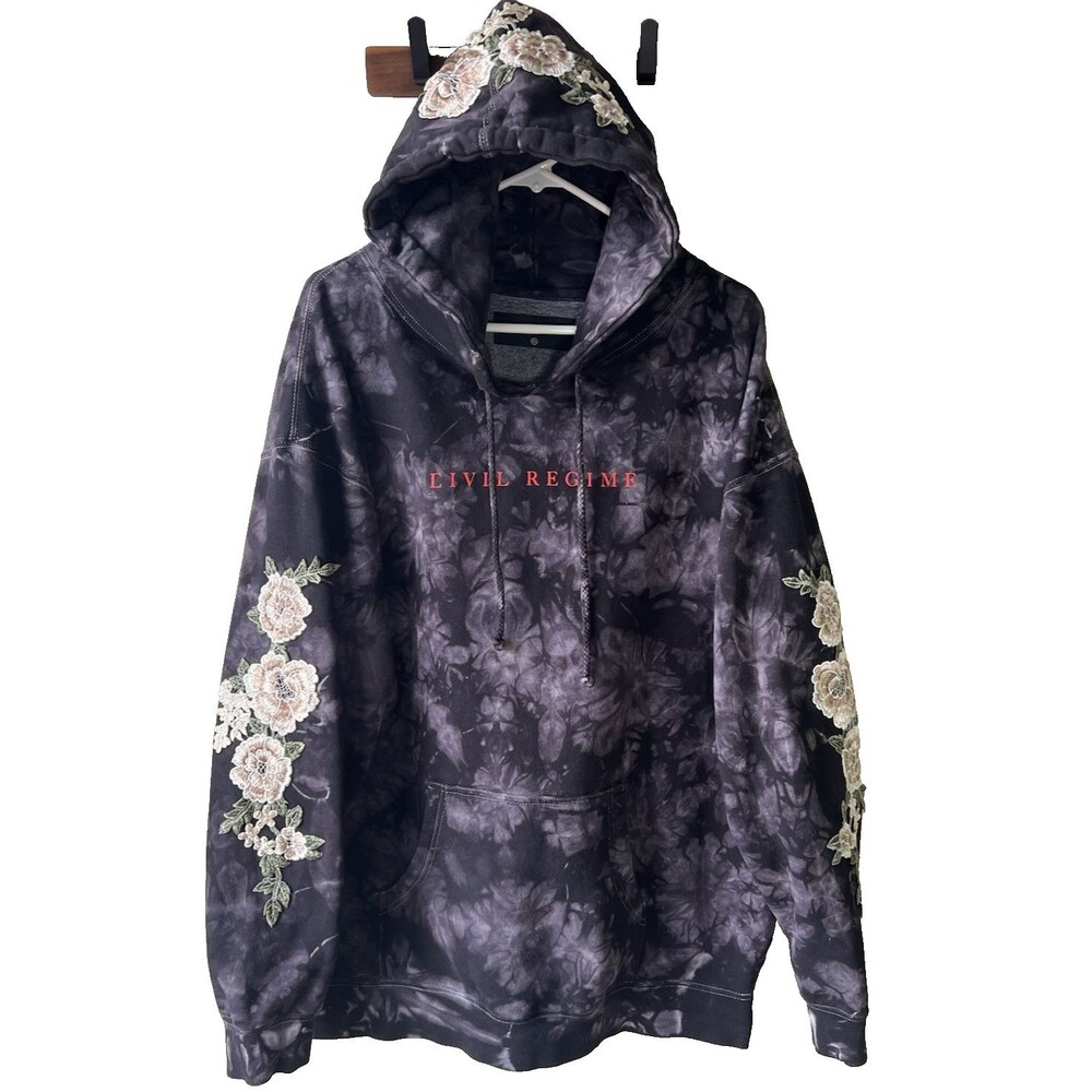 Civil Regime Men's Black Gray Tie Dye Pullover Hoodie Embroidered Floral XL